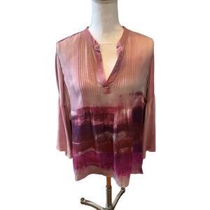 Tangerine Watercolor Ombre Flowy Long Sleeve Silk Top Dusty Rose M